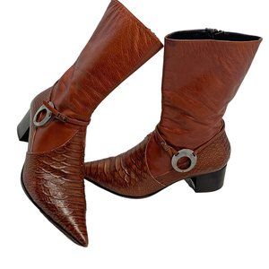 Pour L'Amour Italian Cognac Leather Pointed‎ Mid Calf Zip Boots